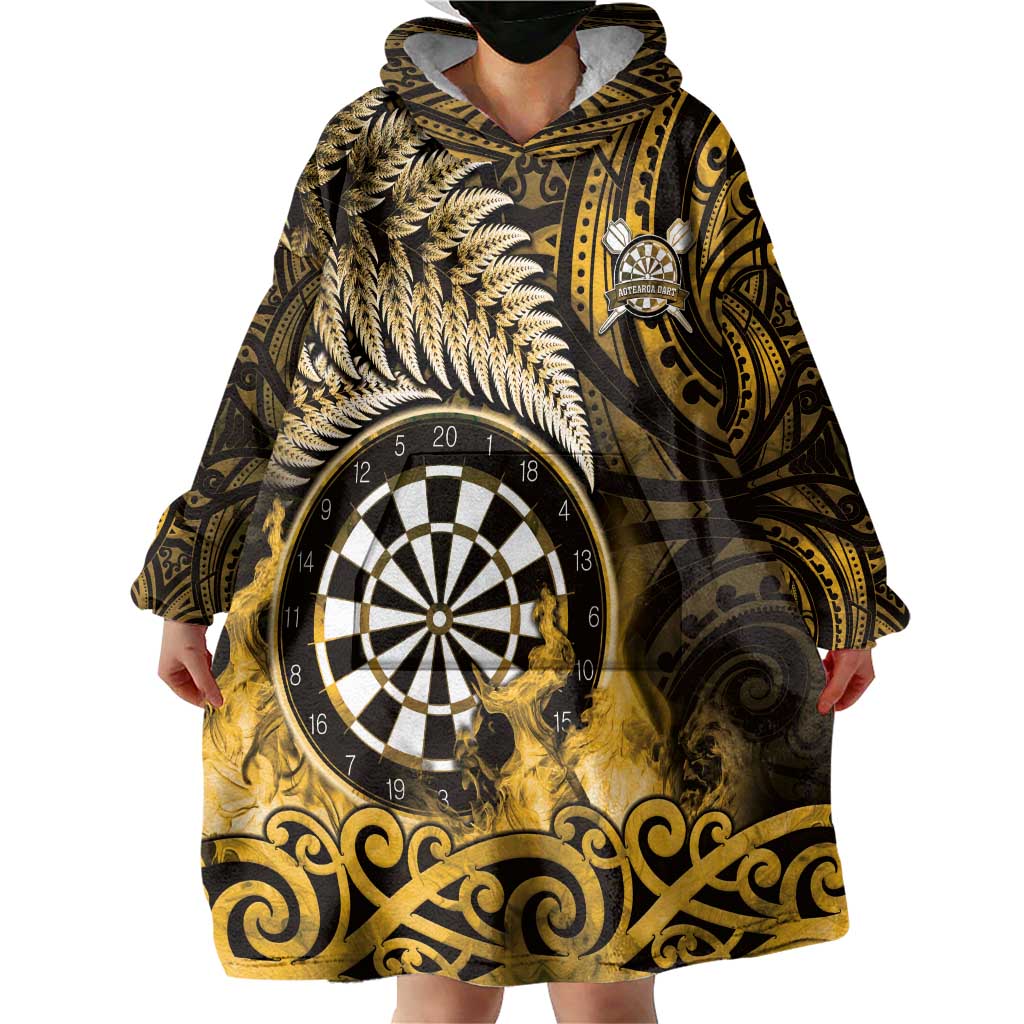Personalised New Zealand Darts Wearable Blanket Hoodie Maori Koru Dartboard Gold Flame