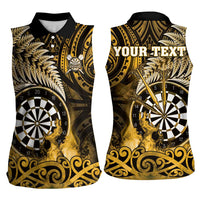 Personalised New Zealand Darts Women Sleeveless Polo Shirt Maori Koru Dartboard Gold Flame