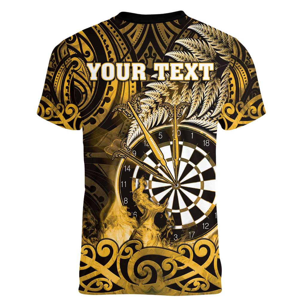 Personalised New Zealand Darts Women V-Neck T-Shirt Maori Koru Dartboard Gold Flame