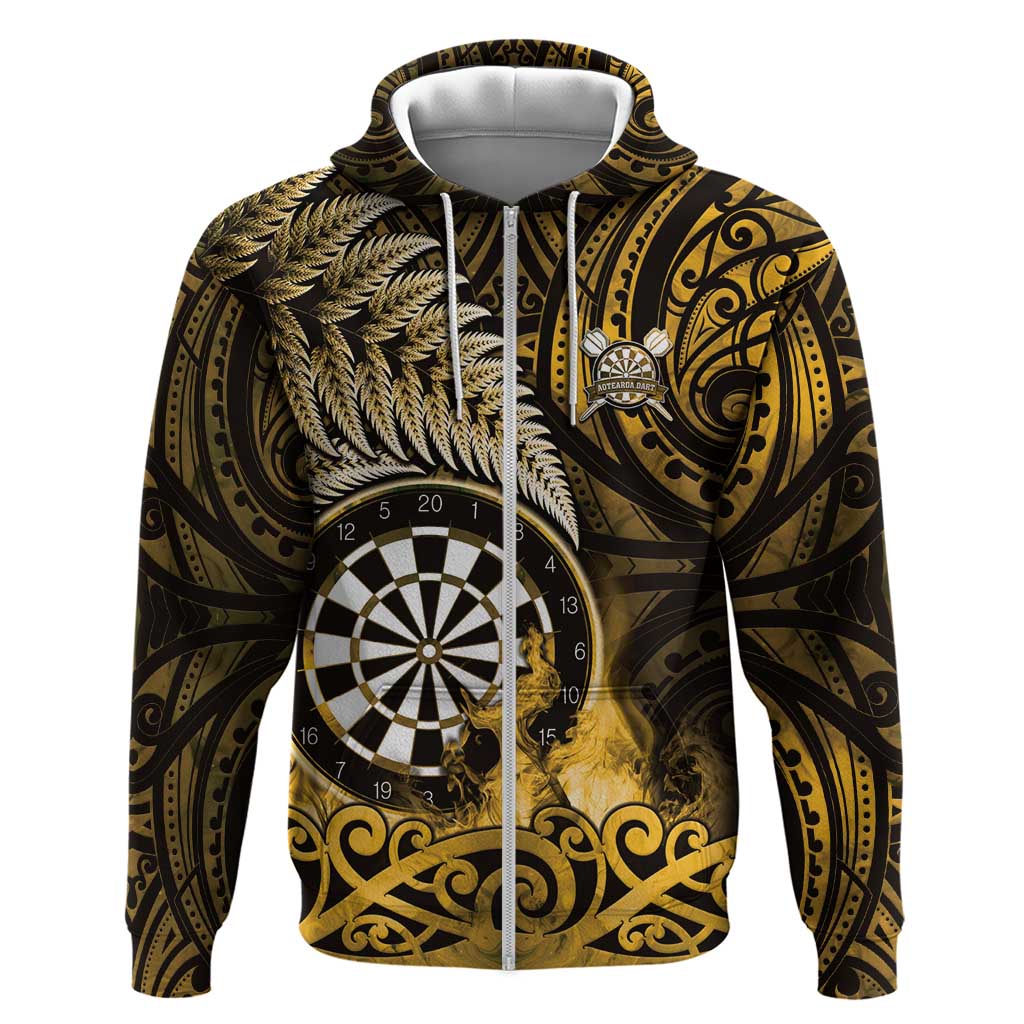 Personalised New Zealand Darts Zip Hoodie Maori Koru Dartboard Gold Flame