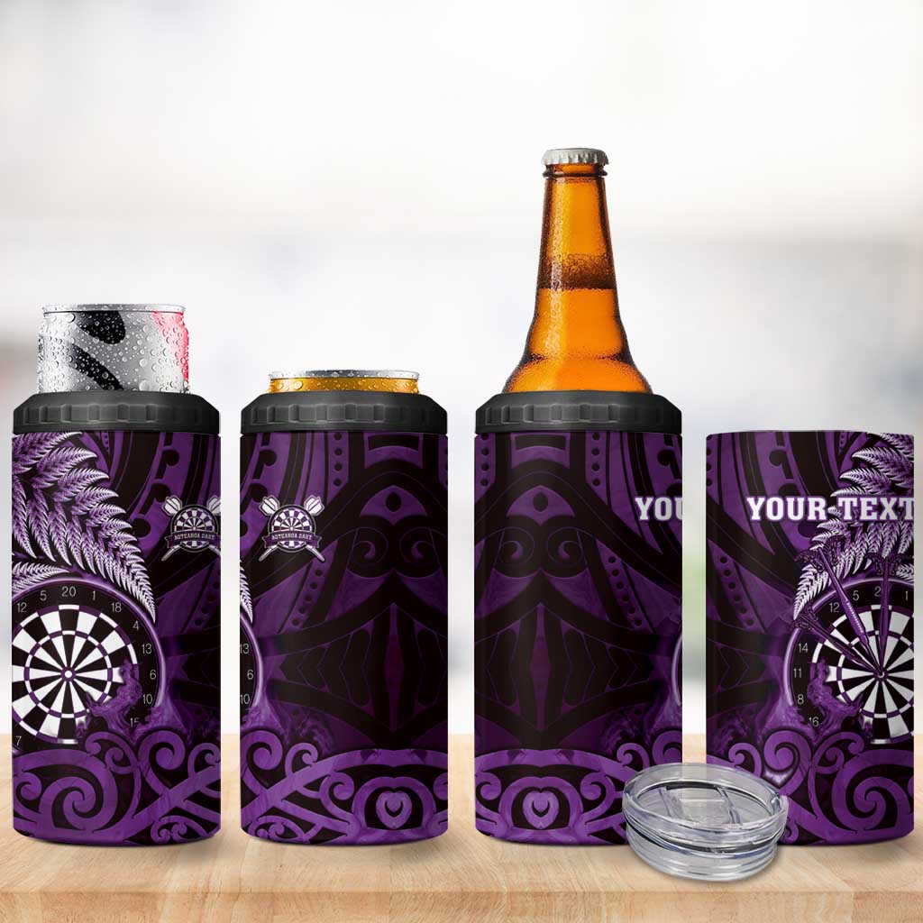 Personalised New Zealand Darts 4 in 1 Can Cooler Tumbler Maori Koru Dartboard Purple Flame