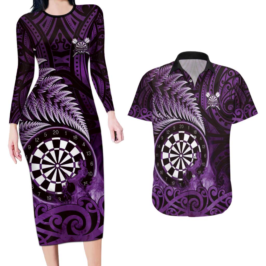 Personalised New Zealand Darts Couples Matching Long Sleeve Bodycon Dress and Hawaiian Shirt Maori Koru Dartboard Purple Flame