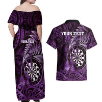 Personalised New Zealand Darts Couples Matching Off Shoulder Maxi Dress and Hawaiian Shirt Maori Koru Dartboard Purple Flame
