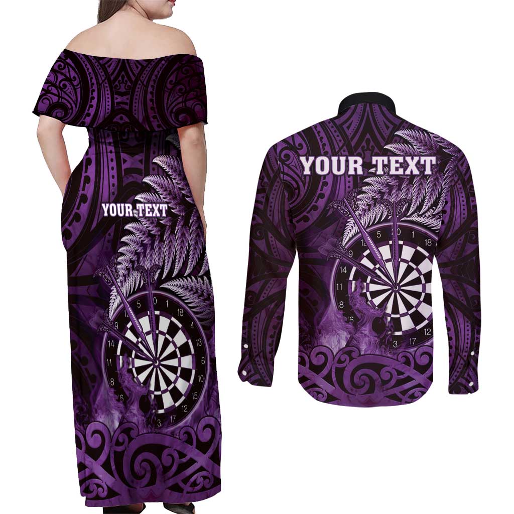 Personalised New Zealand Darts Couples Matching Off Shoulder Maxi Dress and Long Sleeve Button Shirt Maori Koru Dartboard Purple Flame