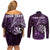Personalised New Zealand Darts Couples Matching Off Shoulder Short Dress and Long Sleeve Button Shirt Maori Koru Dartboard Purple Flame