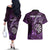 Personalised New Zealand Darts Couples Matching Off The Shoulder Long Sleeve Dress and Hawaiian Shirt Maori Koru Dartboard Purple Flame