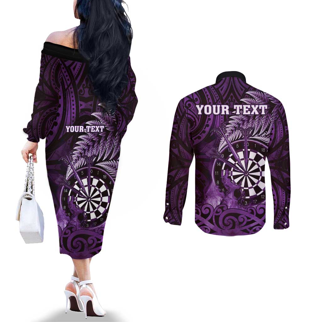 Personalised New Zealand Darts Couples Matching Off The Shoulder Long Sleeve Dress and Long Sleeve Button Shirt Maori Koru Dartboard Purple Flame