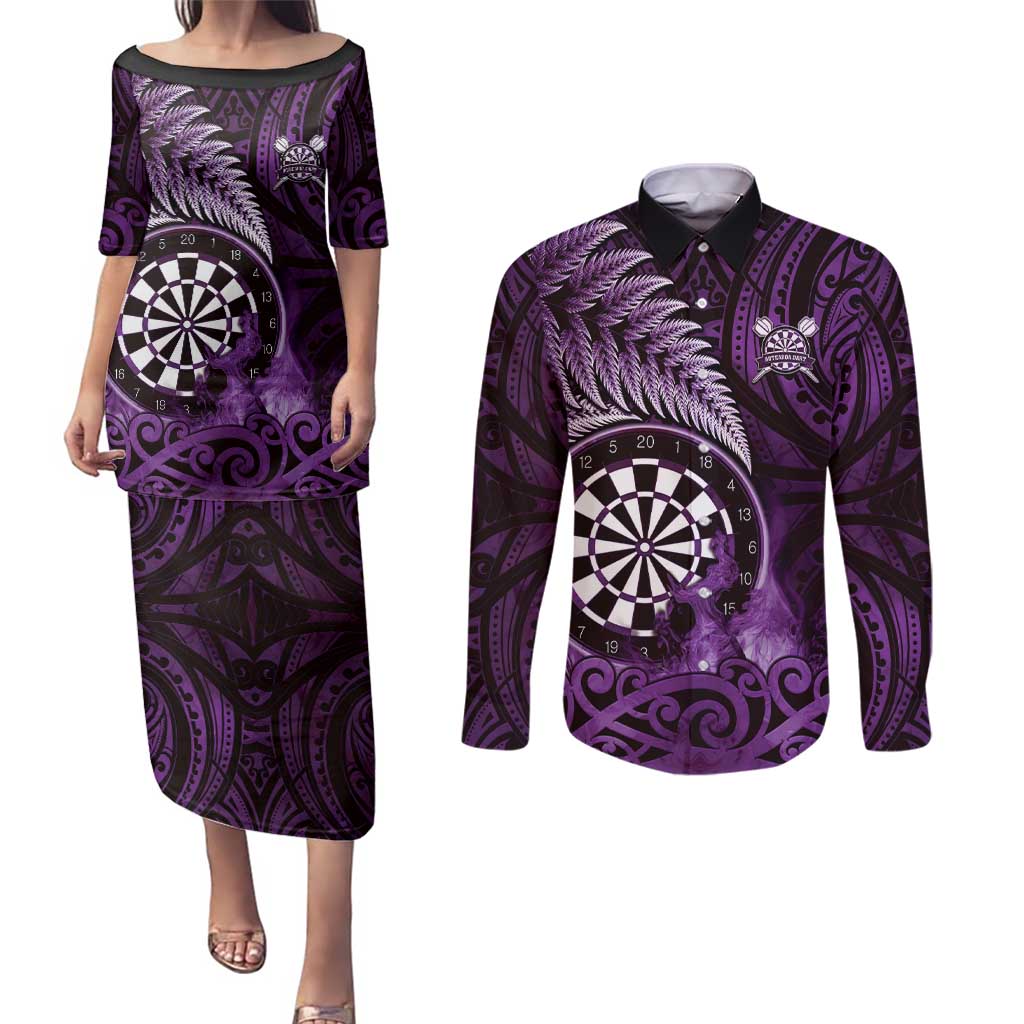 Personalised New Zealand Darts Couples Matching Puletasi and Long Sleeve Button Shirt Maori Koru Dartboard Purple Flame