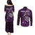 Personalised New Zealand Darts Couples Matching Puletasi and Long Sleeve Button Shirt Maori Koru Dartboard Purple Flame