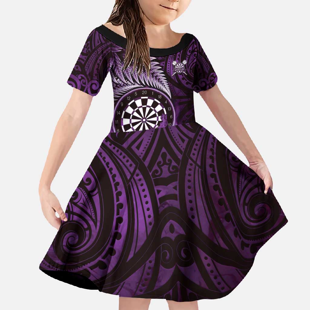 Personalised New Zealand Darts Family Matching Mermaid Dress and Hawaiian Shirt Maori Koru Dartboard Purple Flame
