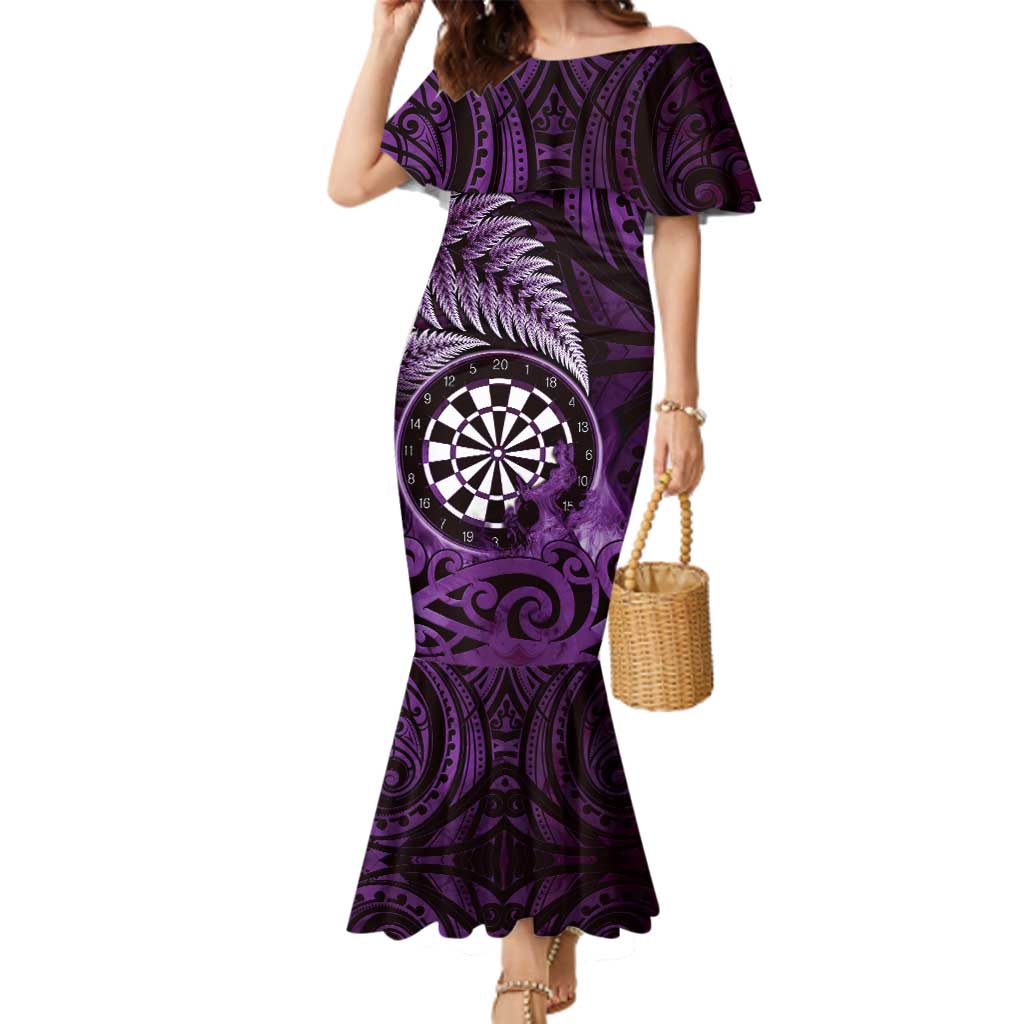 Personalised New Zealand Darts Family Matching Mermaid Dress and Hawaiian Shirt Maori Koru Dartboard Purple Flame