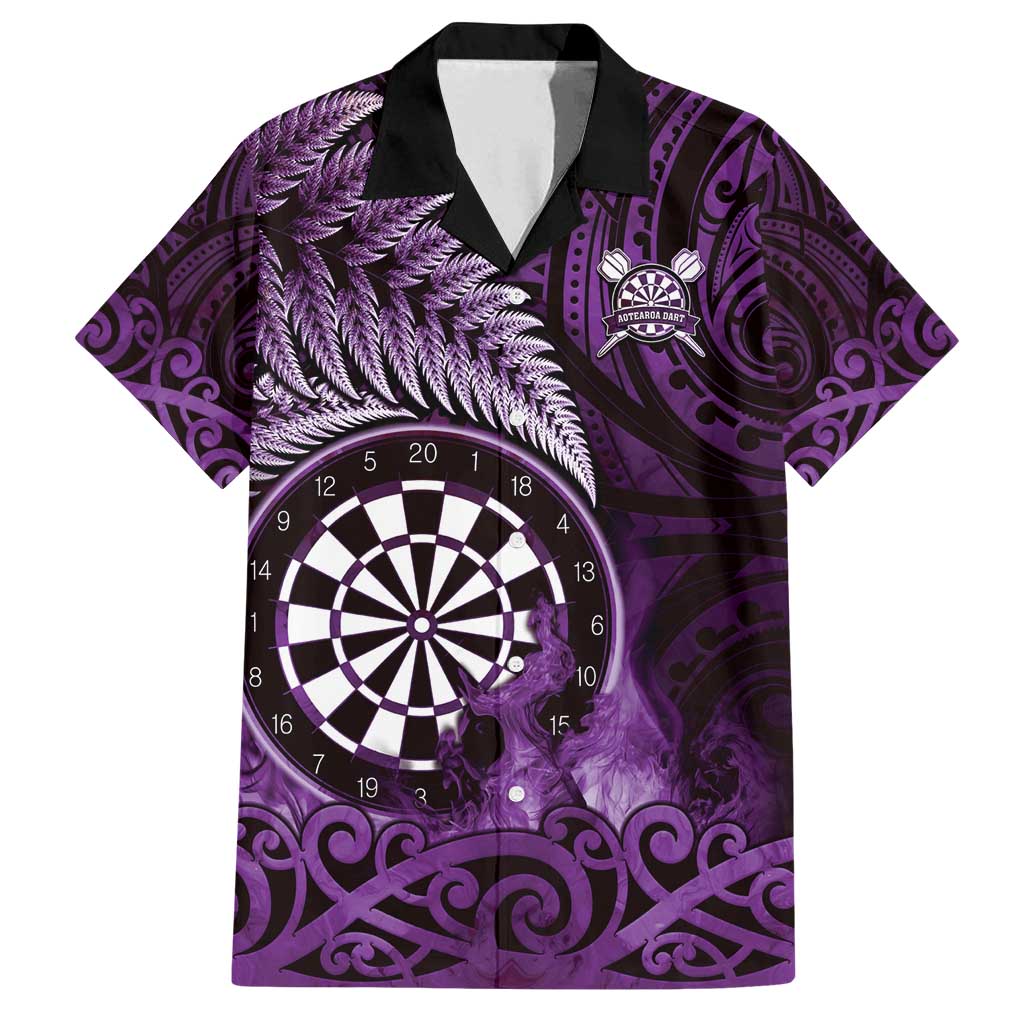 Personalised New Zealand Darts Family Matching Off Shoulder Maxi Dress and Hawaiian Shirt Maori Koru Dartboard Purple Flame