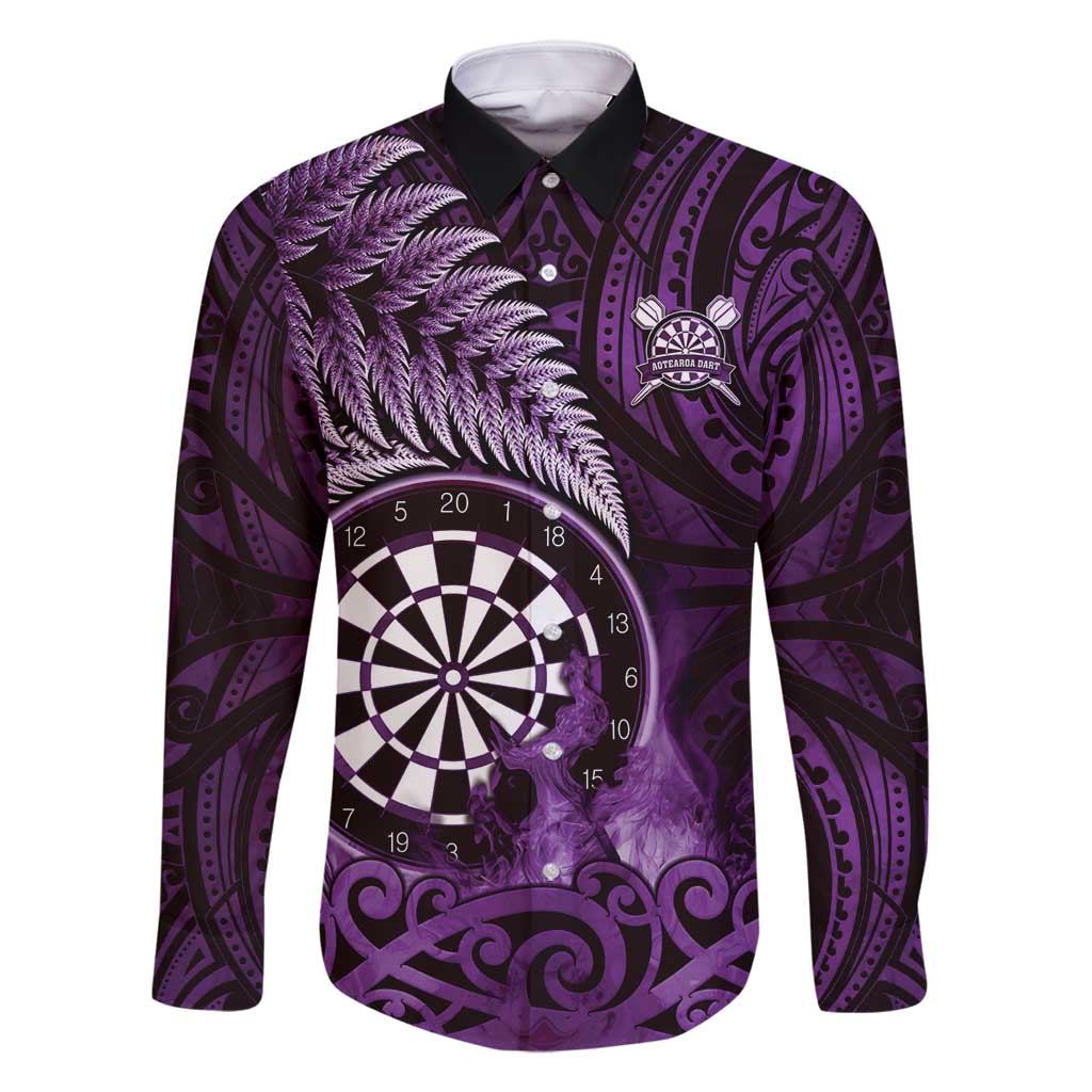 Personalised New Zealand Darts Family Matching Off Shoulder Maxi Dress and Hawaiian Shirt Maori Koru Dartboard Purple Flame