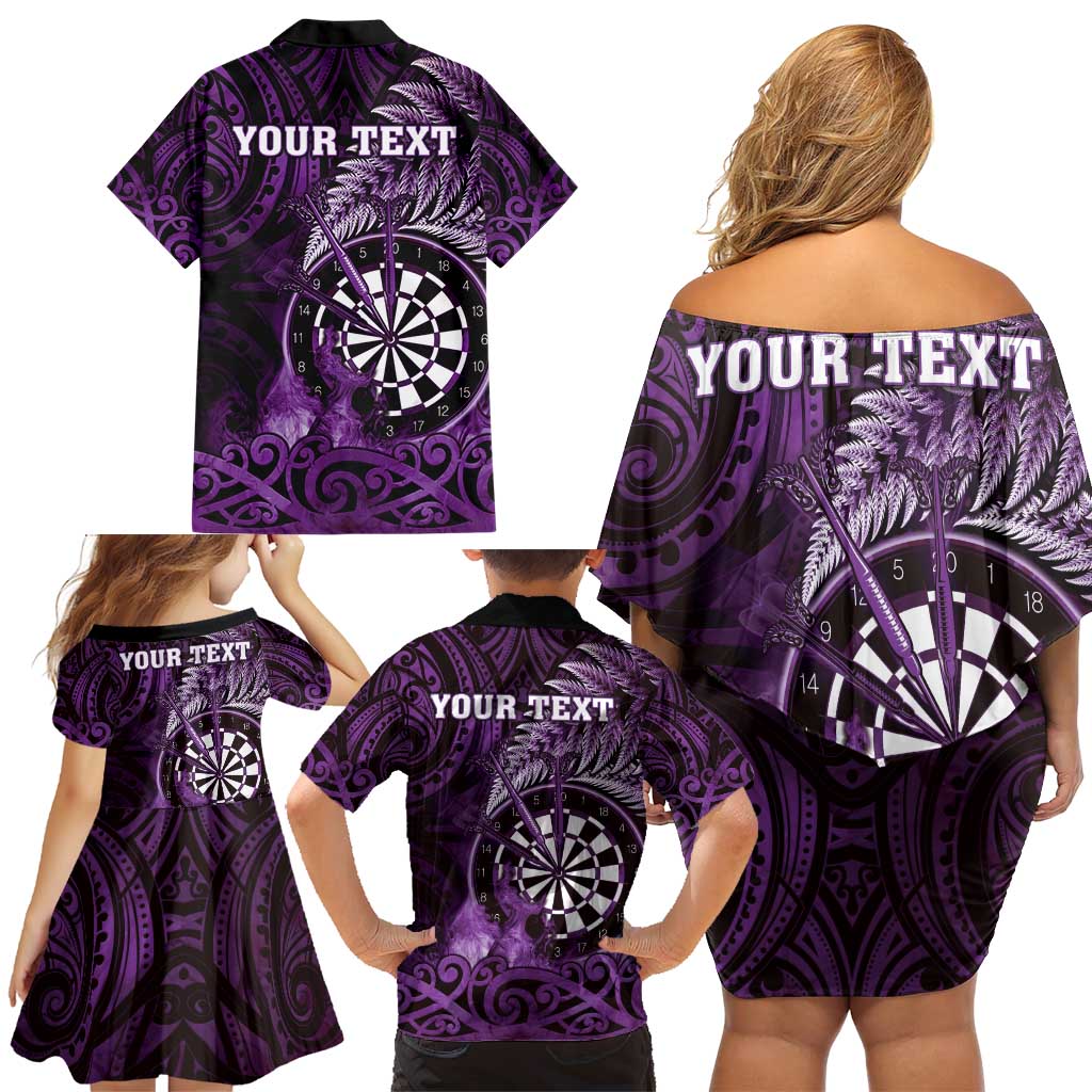 Personalised New Zealand Darts Family Matching Off Shoulder Short Dress and Hawaiian Shirt Maori Koru Dartboard Purple Flame