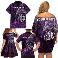 Personalised New Zealand Darts Family Matching Off Shoulder Short Dress and Hawaiian Shirt Maori Koru Dartboard Purple Flame
