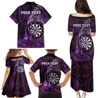 Personalised New Zealand Darts Family Matching Puletasi and Hawaiian Shirt Maori Koru Dartboard Purple Flame
