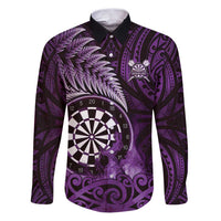 Personalised New Zealand Darts Family Matching Puletasi and Hawaiian Shirt Maori Koru Dartboard Purple Flame