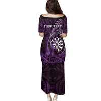 Personalised New Zealand Darts Family Matching Puletasi and Hawaiian Shirt Maori Koru Dartboard Purple Flame