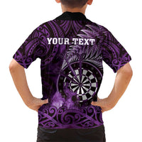 Personalised New Zealand Darts Family Matching Short Sleeve Bodycon Dress and Hawaiian Shirt Maori Koru Dartboard Purple Flame