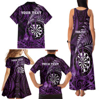 Personalised New Zealand Darts Family Matching Tank Maxi Dress and Hawaiian Shirt Maori Koru Dartboard Purple Flame
