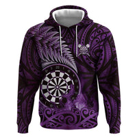 Personalised New Zealand Darts Hoodie Maori Koru Dartboard Purple Flame