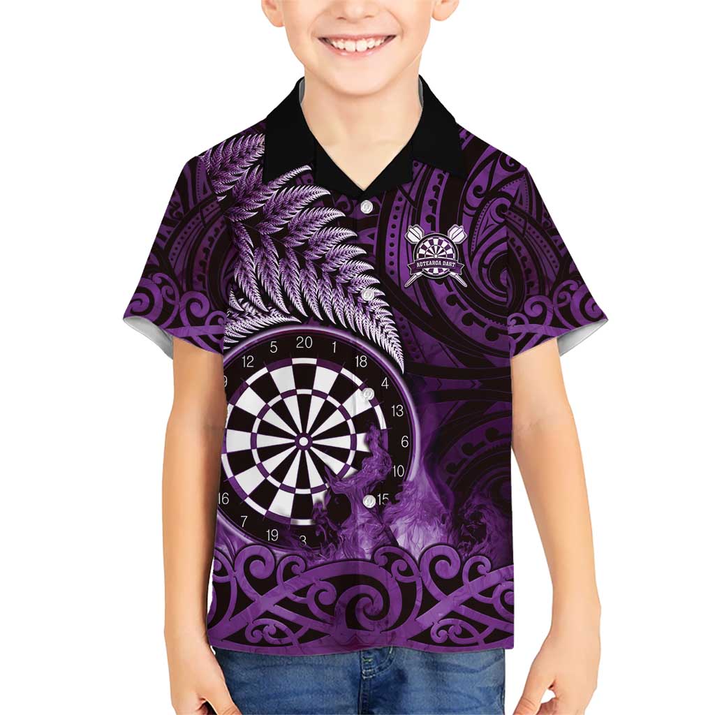 Personalised New Zealand Darts Kid Hawaiian Shirt Maori Koru Dartboard Purple Flame