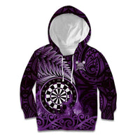 Personalised New Zealand Darts Kid Hoodie Maori Koru Dartboard Purple Flame