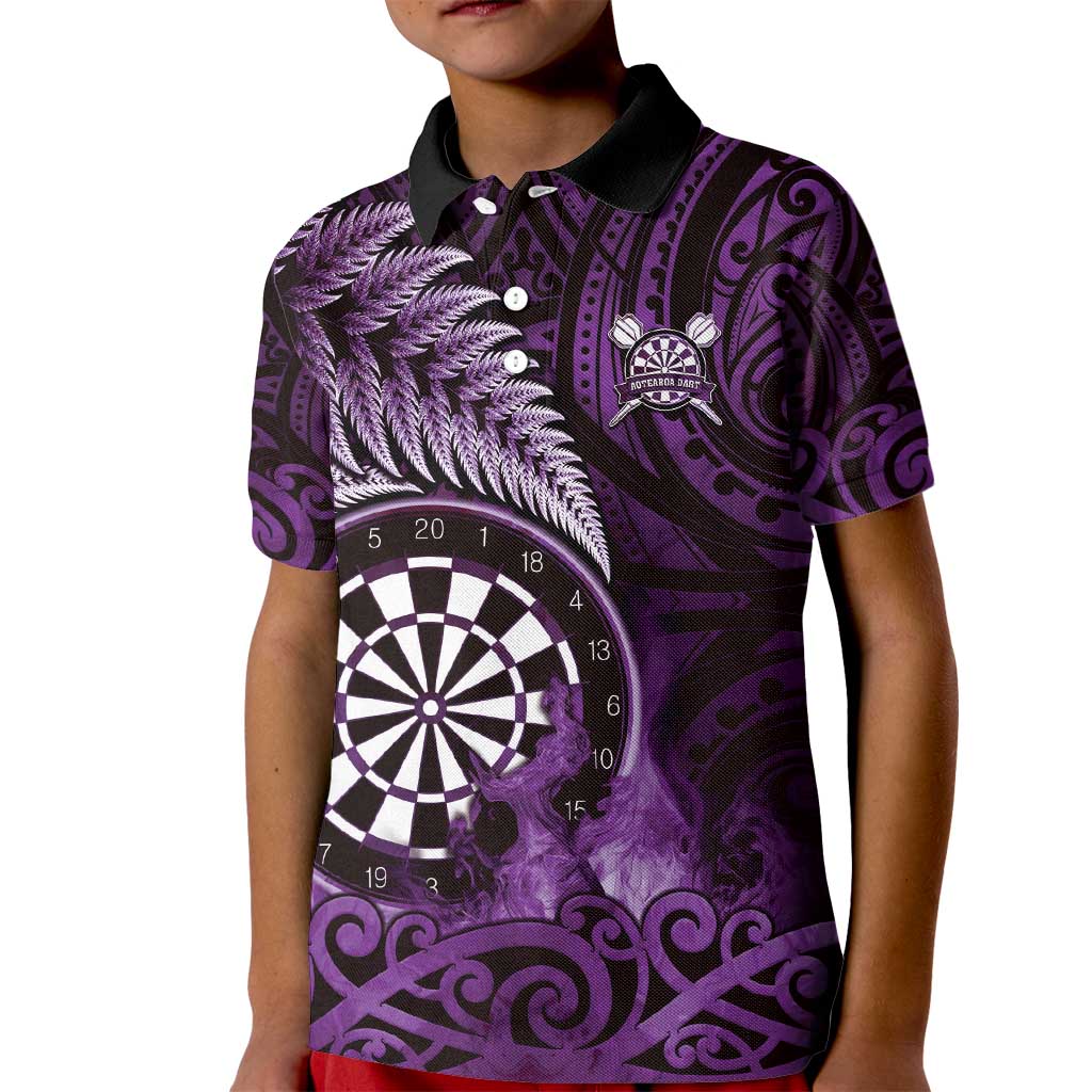 Personalised New Zealand Darts Kid Polo Shirt Maori Koru Dartboard Purple Flame