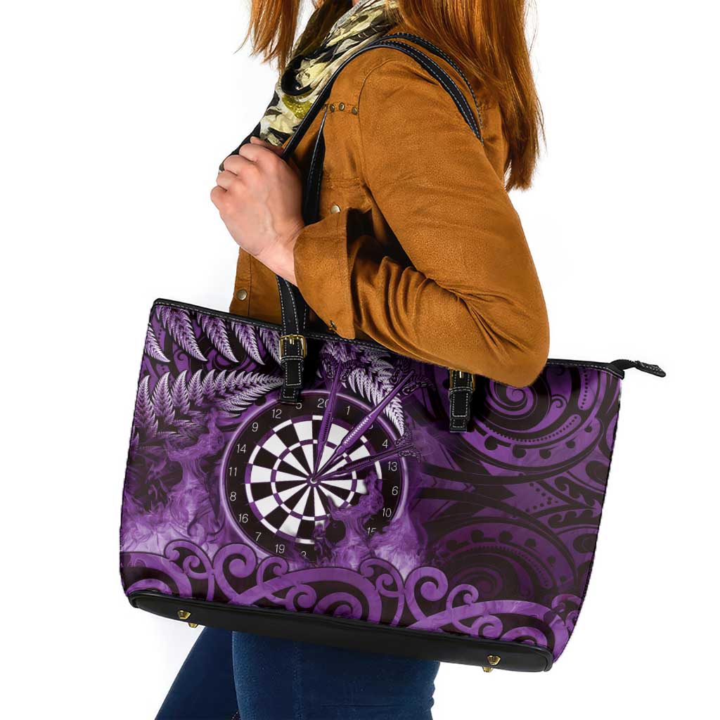 New Zealand Darts Leather Tote Bag Maori Koru Dartboard Purple Flame