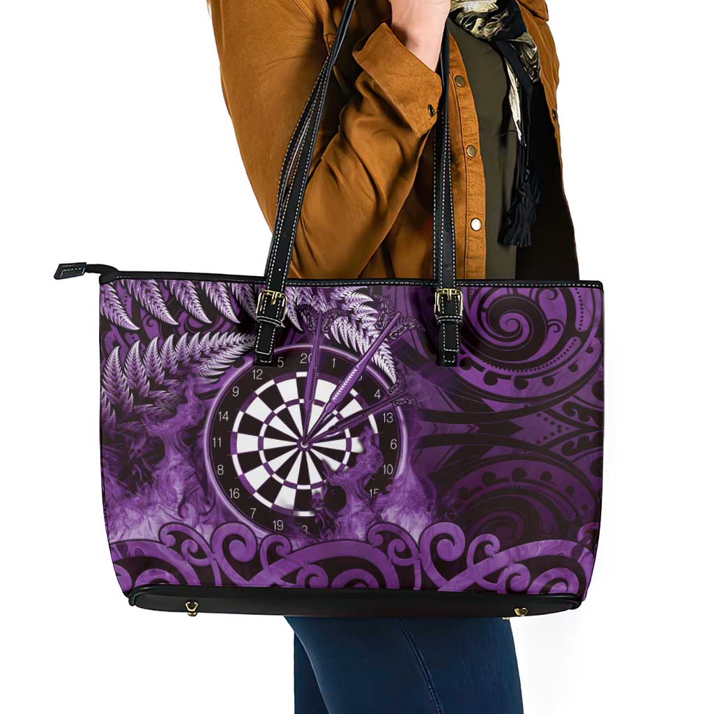 New Zealand Darts Leather Tote Bag Maori Koru Dartboard Purple Flame