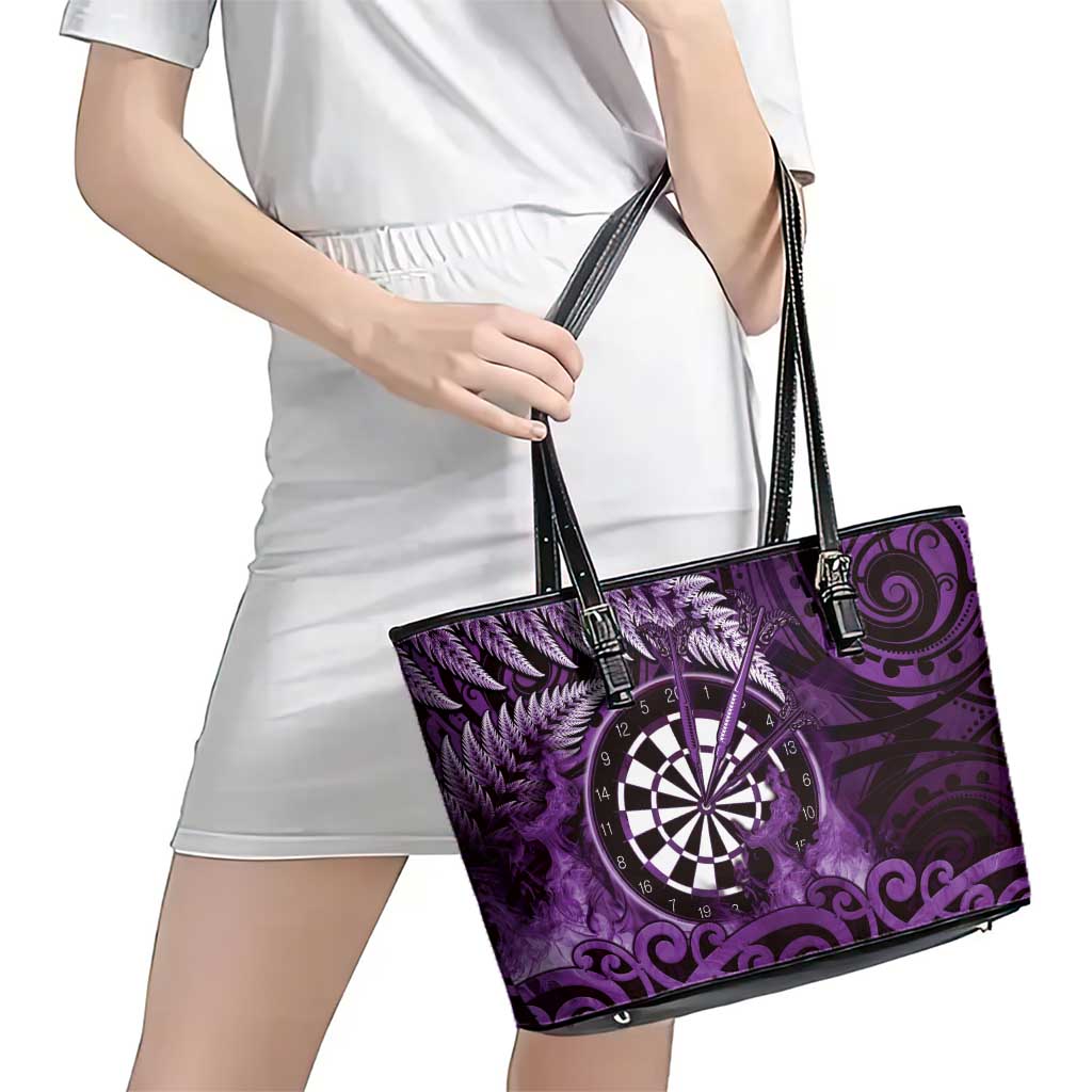 New Zealand Darts Leather Tote Bag Maori Koru Dartboard Purple Flame