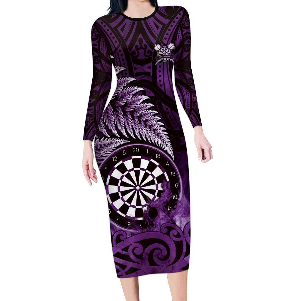 Personalised New Zealand Darts Long Sleeve Bodycon Dress Maori Koru Dartboard Purple Flame