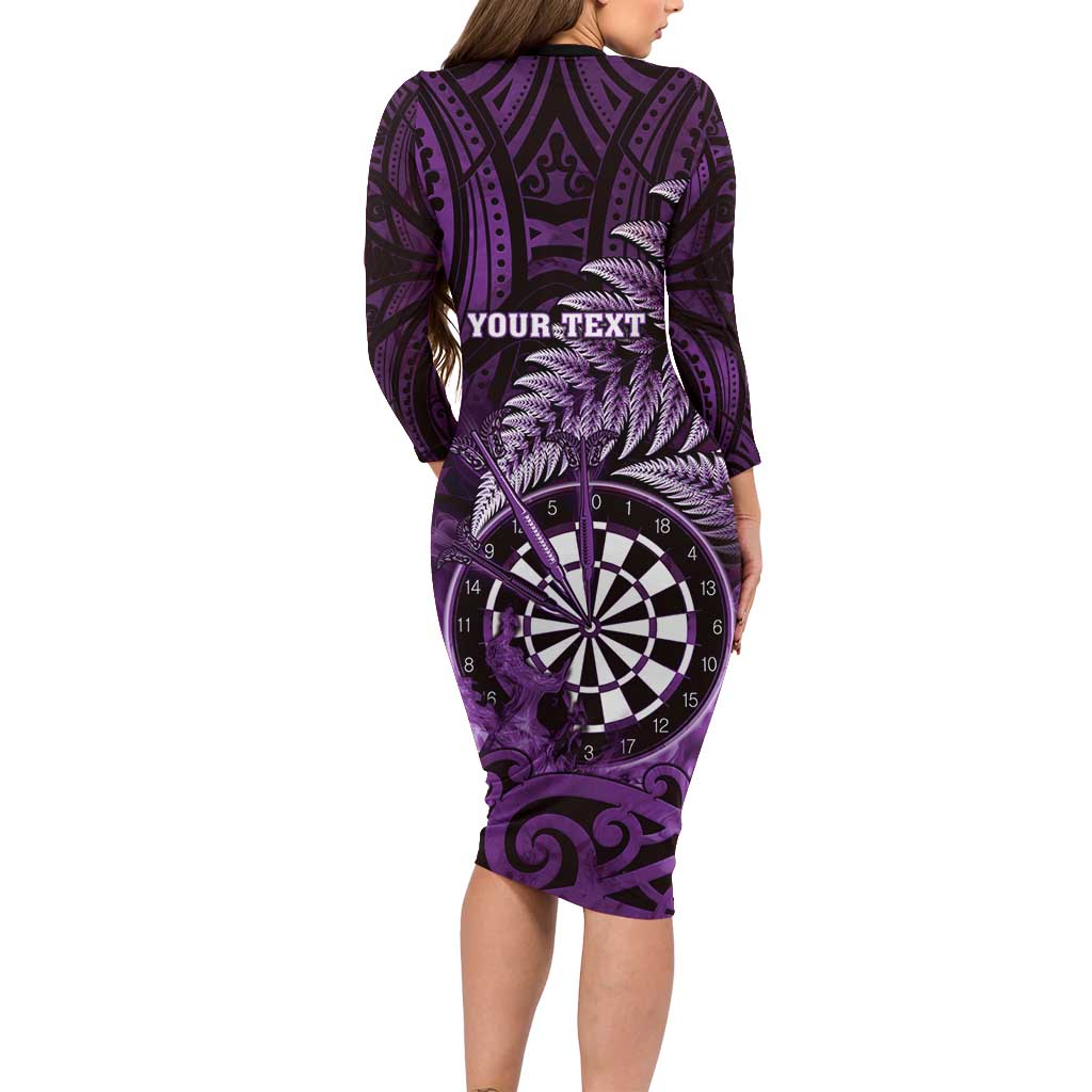 Personalised New Zealand Darts Long Sleeve Bodycon Dress Maori Koru Dartboard Purple Flame