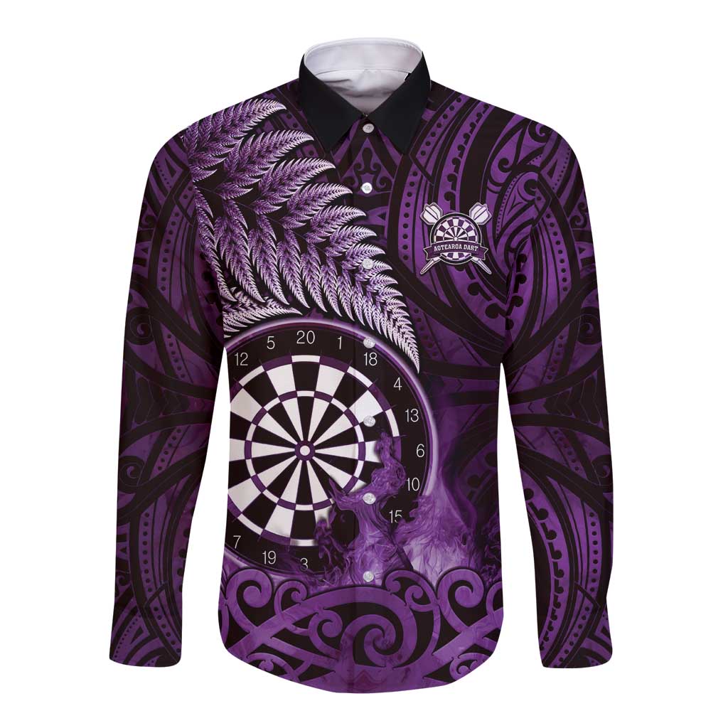 Personalised New Zealand Darts Long Sleeve Button Shirt Maori Koru Dartboard Purple Flame