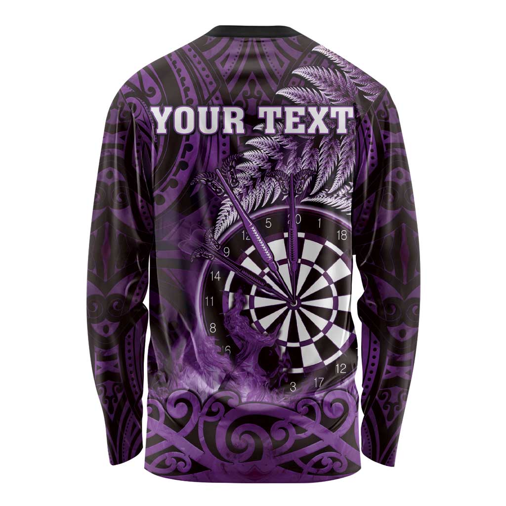 Personalised New Zealand Darts Long Sleeve Shirt Maori Koru Dartboard Purple Flame