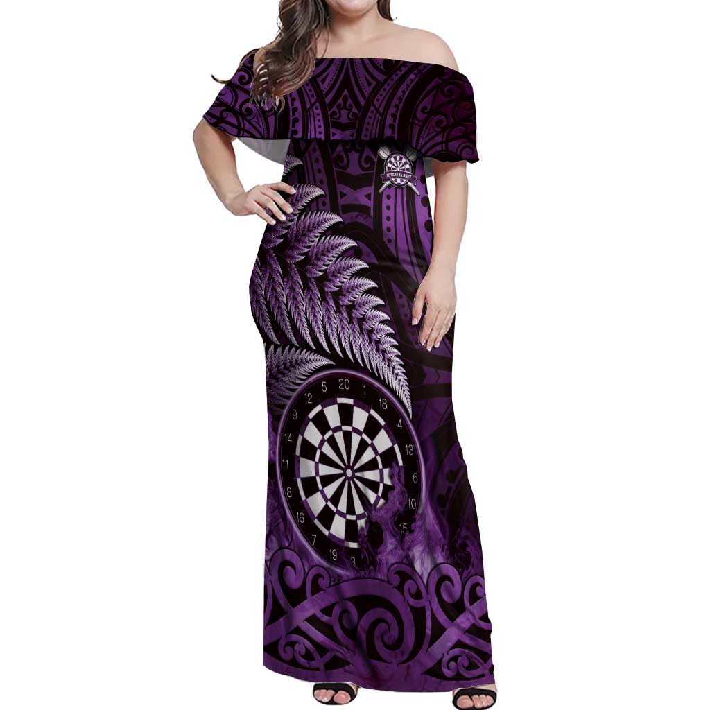 Personalised New Zealand Darts Off Shoulder Maxi Dress Maori Koru Dartboard Purple Flame