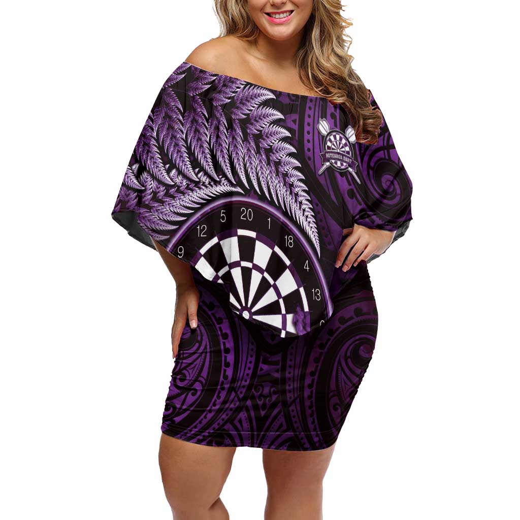 Personalised New Zealand Darts Off Shoulder Short Dress Maori Koru Dartboard Purple Flame