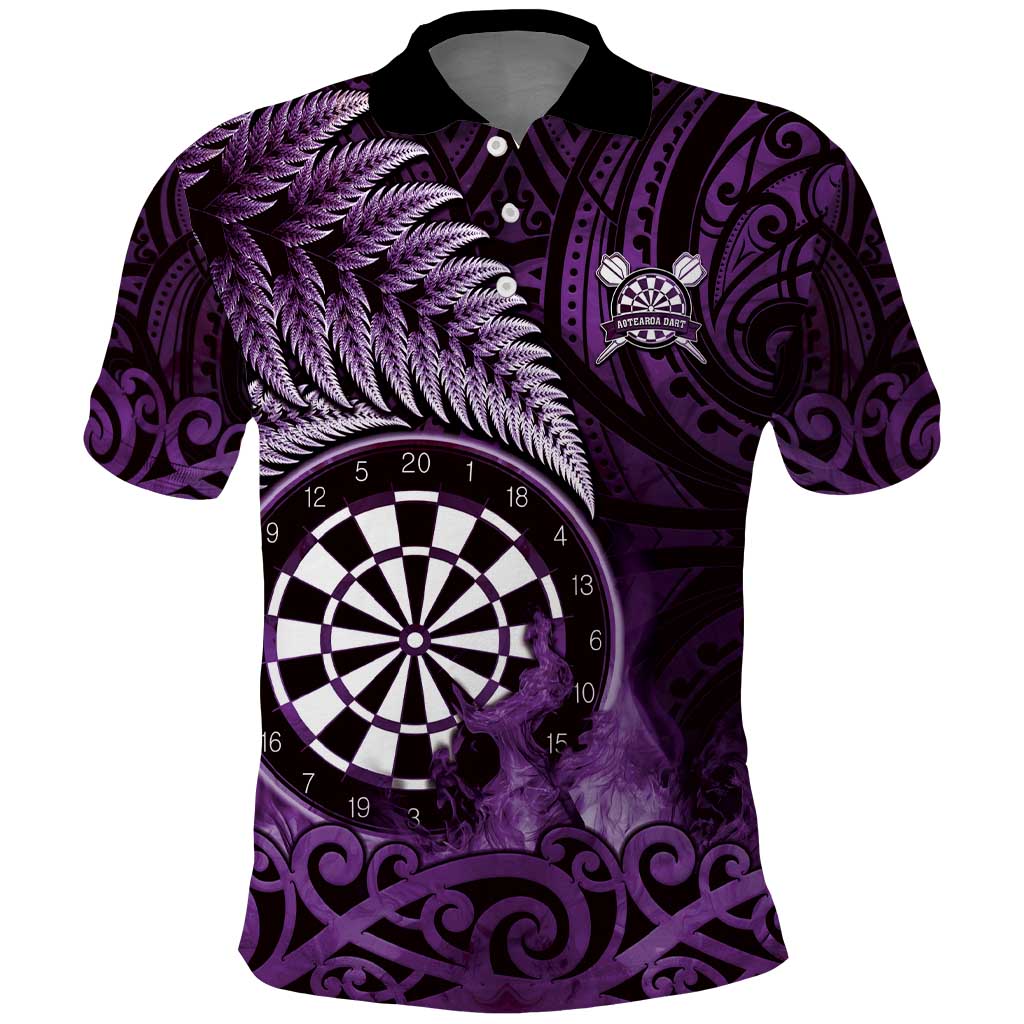 Personalised New Zealand Darts Polo Shirt Maori Koru Dartboard Purple Flame