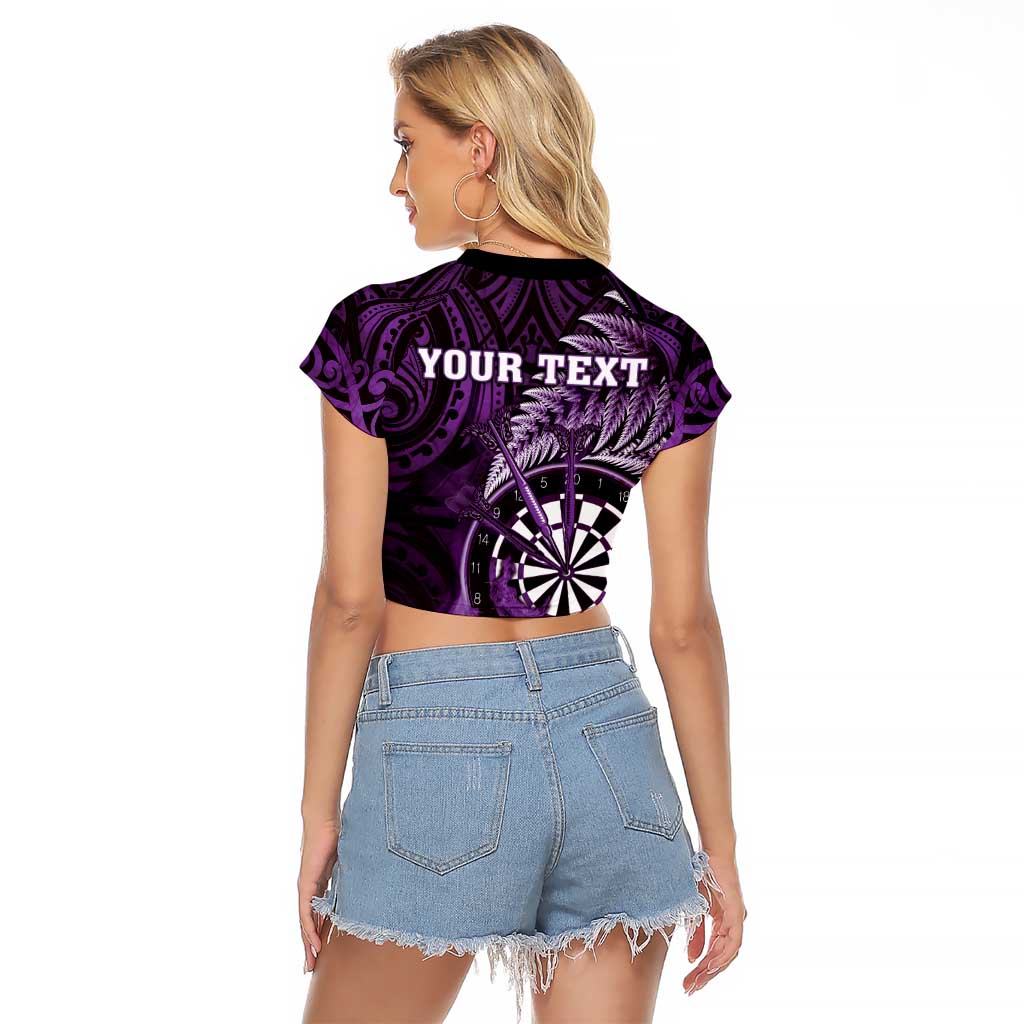 Personalised New Zealand Darts Raglan Cropped T Shirt Maori Koru Dartboard Purple Flame