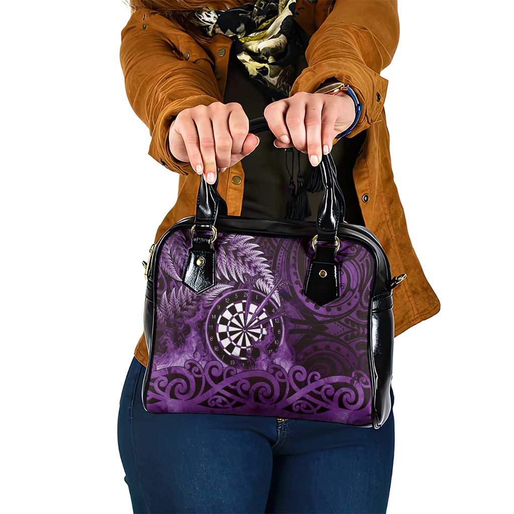 New Zealand Darts Shoulder Handbag Maori Koru Dartboard Purple Flame