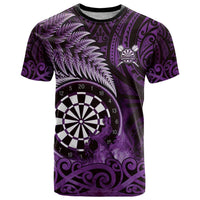 Personalised New Zealand Darts T Shirt Maori Koru Dartboard Purple Flame