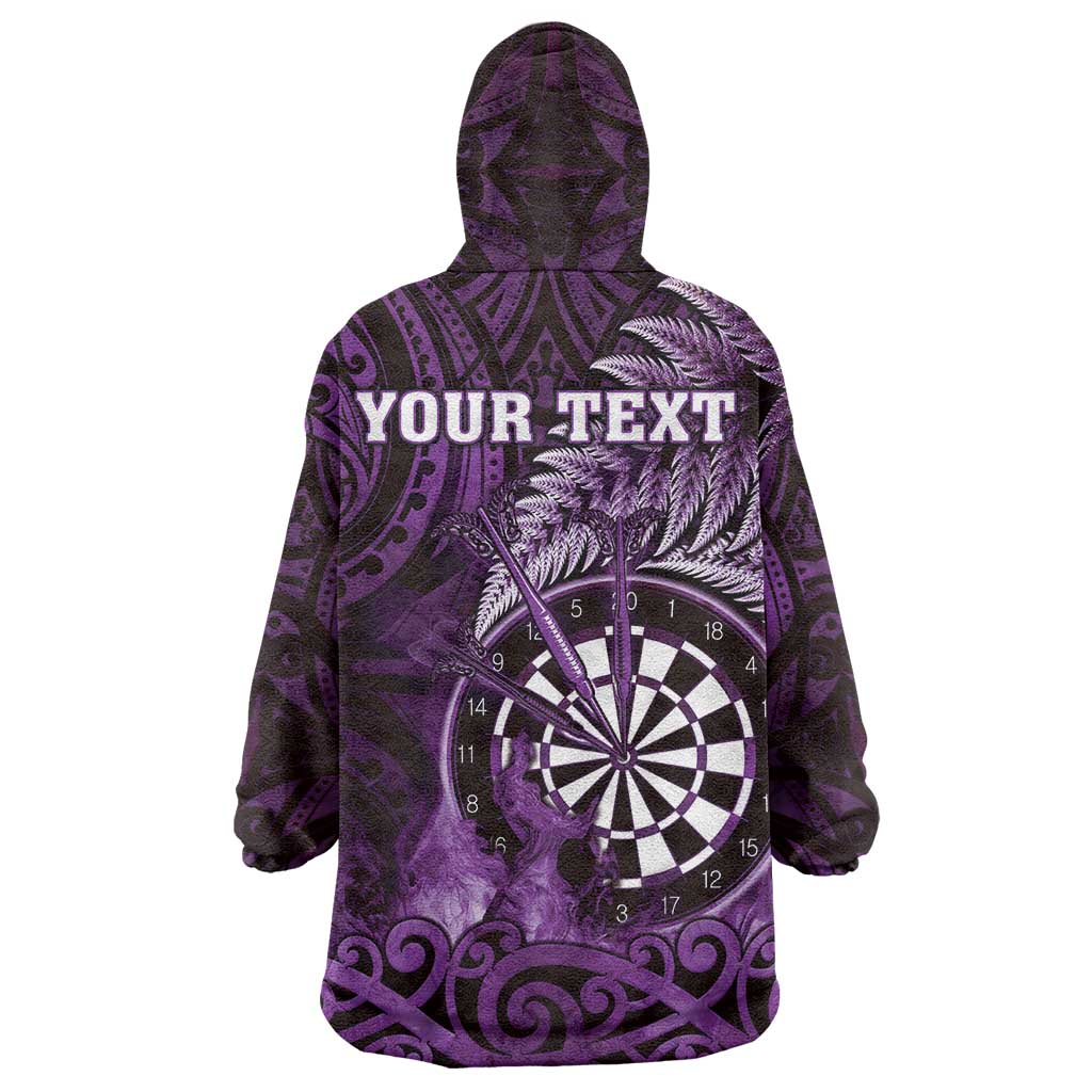 Personalised New Zealand Darts Wearable Blanket Hoodie Maori Koru Dartboard Purple Flame