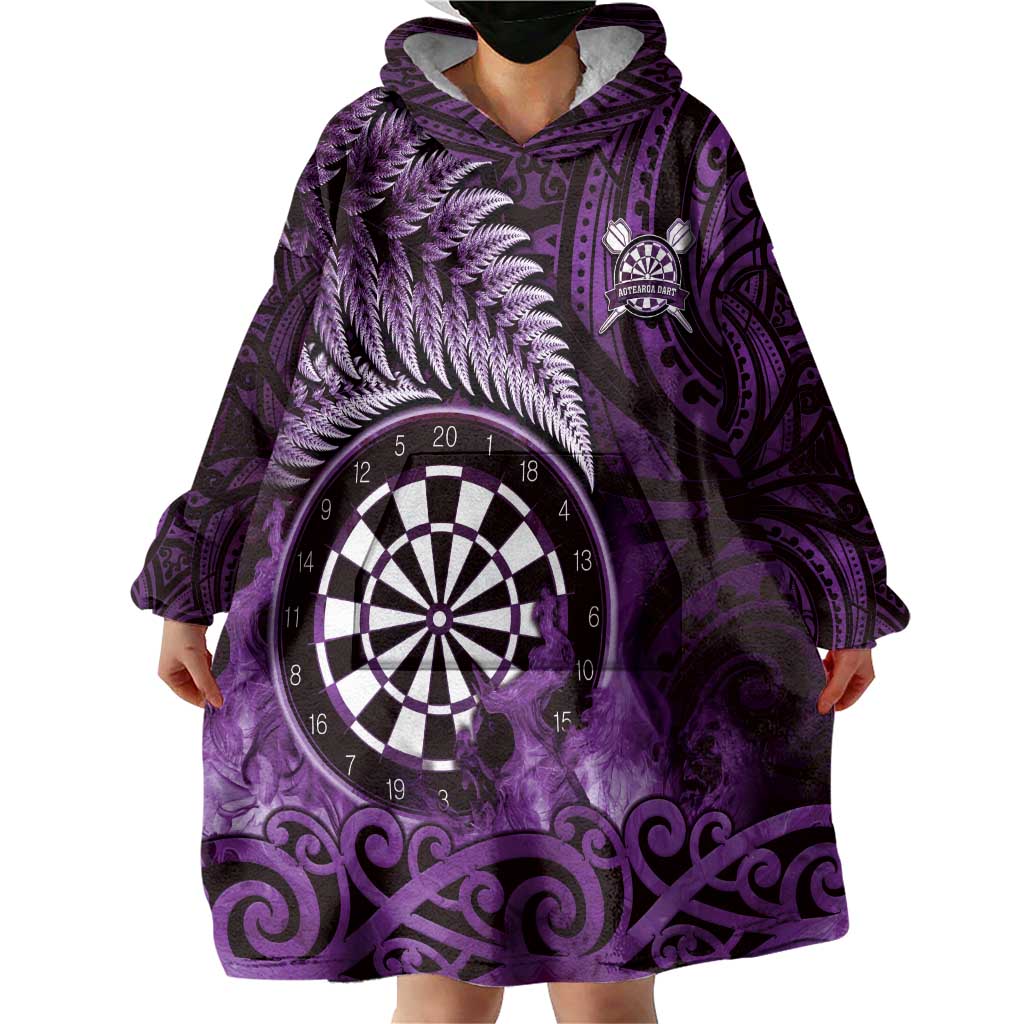 Personalised New Zealand Darts Wearable Blanket Hoodie Maori Koru Dartboard Purple Flame