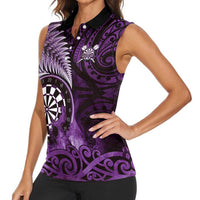 Personalised New Zealand Darts Women Sleeveless Polo Shirt Maori Koru Dartboard Purple Flame