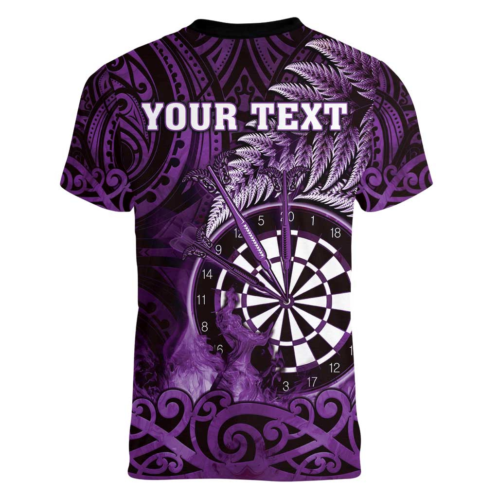 Personalised New Zealand Darts Women V-Neck T-Shirt Maori Koru Dartboard Purple Flame