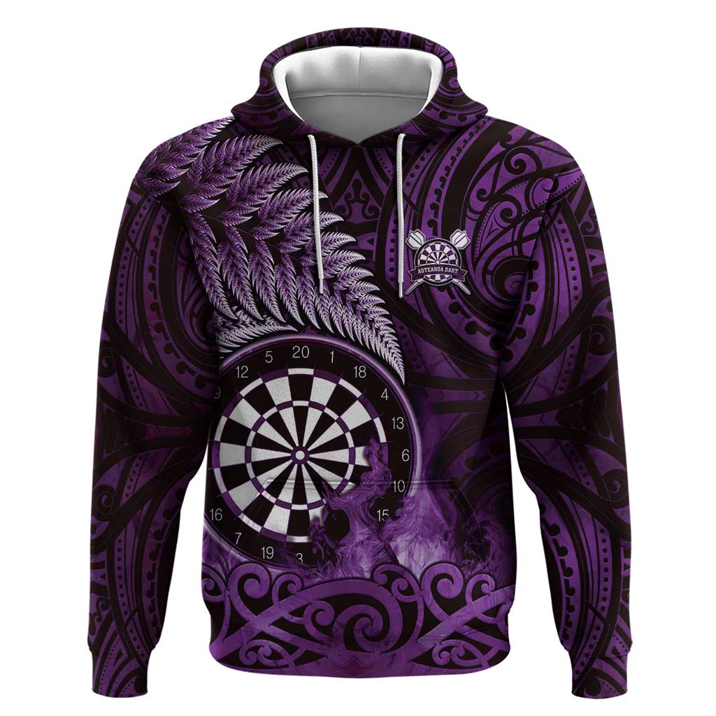 Personalised New Zealand Darts Zip Hoodie Maori Koru Dartboard Purple Flame