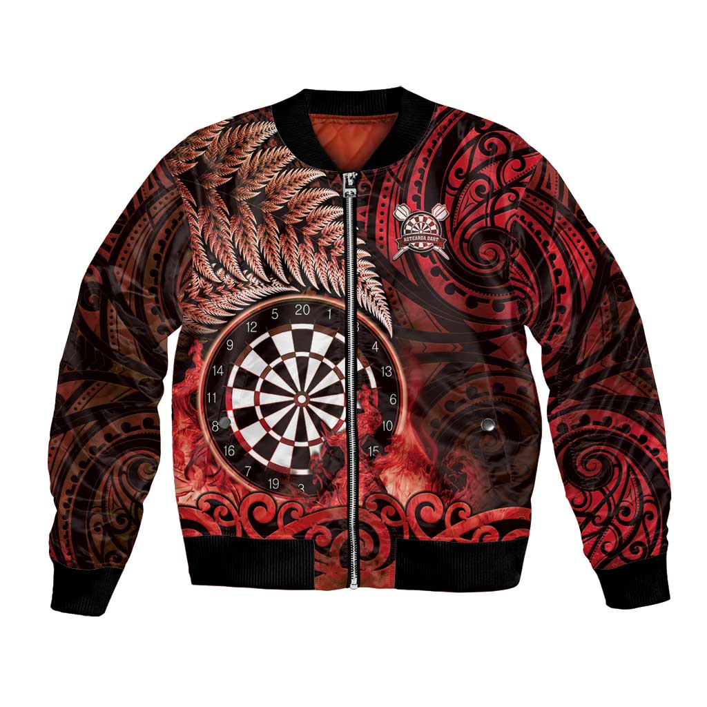 Personalised New Zealand Darts Bomber Jacket Maori Koru Dartboard Red Flame
