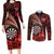 Personalised New Zealand Darts Couples Matching Long Sleeve Bodycon Dress and Long Sleeve Button Shirt Maori Koru Dartboard Red Flame