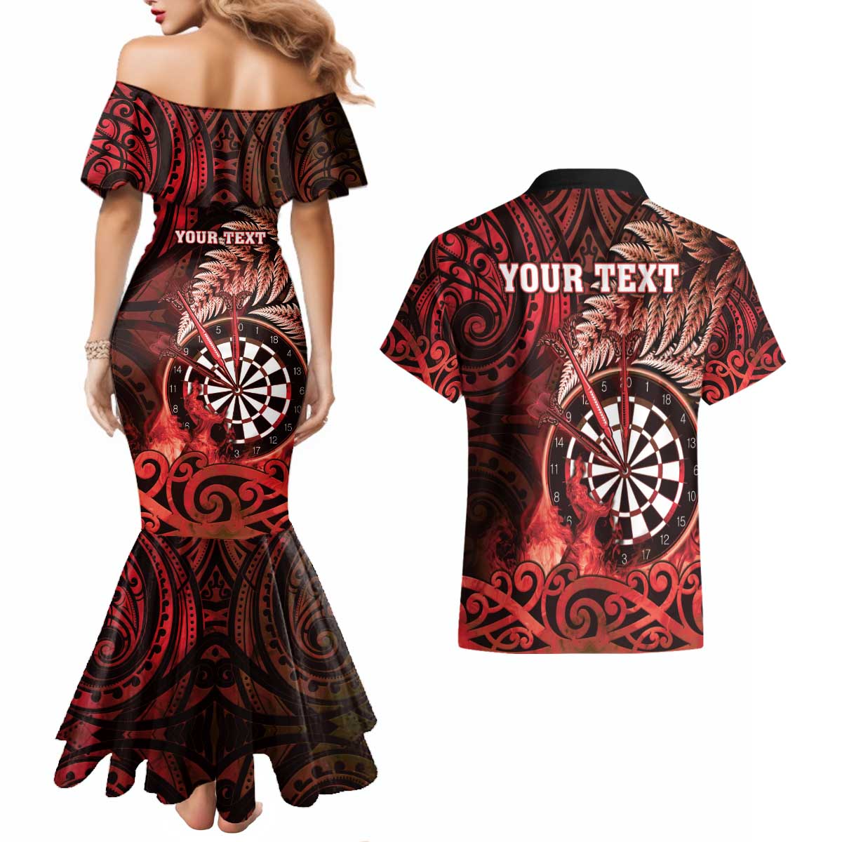 Personalised New Zealand Darts Couples Matching Mermaid Dress and Hawaiian Shirt Maori Koru Dartboard Red Flame