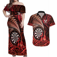 Personalised New Zealand Darts Couples Matching Off Shoulder Maxi Dress and Hawaiian Shirt Maori Koru Dartboard Red Flame